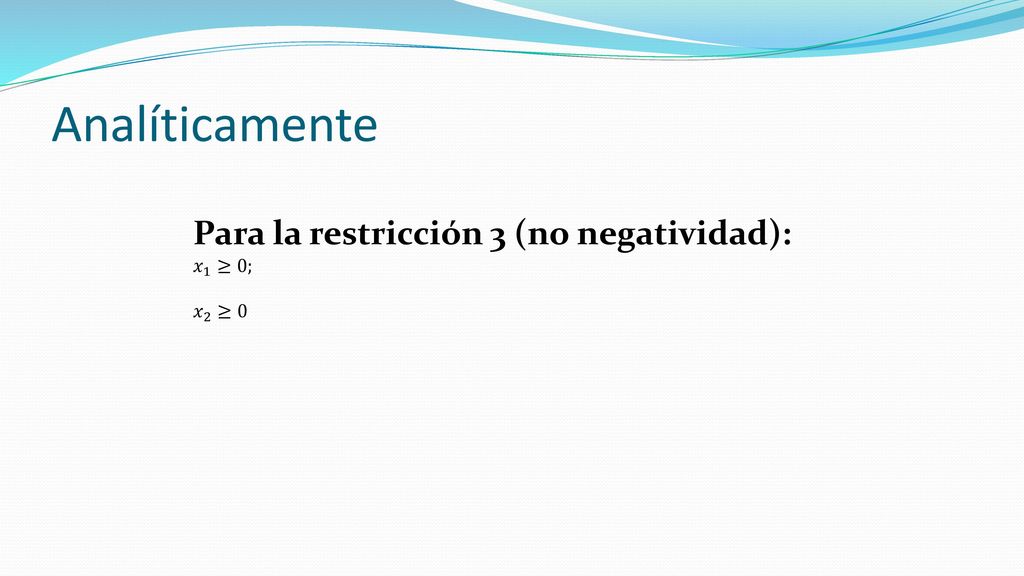 Analíticamente Para la restricción 3 (no negatividad): 𝑥 1 ≥0; 𝑥 2 ≥0