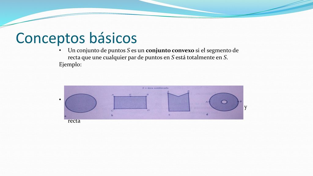 Conceptos básicos Un conjunto de puntos S es un conjunto convexo si el segmento de recta que une cualquier par de puntos en S está totalmente en S.