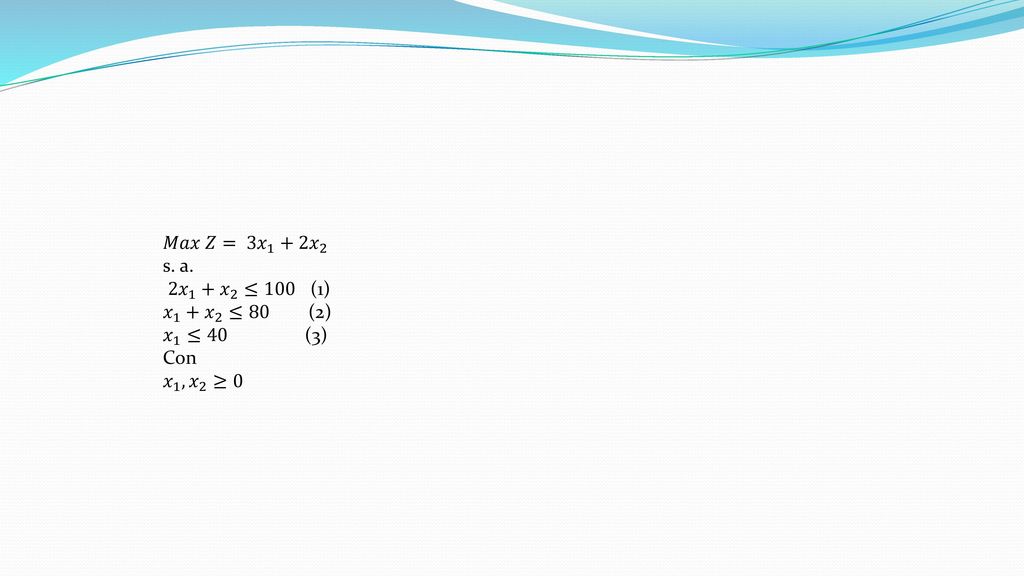 𝑀𝑎𝑥 𝑍= 3𝑥 1 +2 𝑥 2 s. a. 2 𝑥 1 + 𝑥 2 ≤100 (1) 𝑥 1 + 𝑥 2 ≤80 (2) 𝑥 1 ≤40 (3)