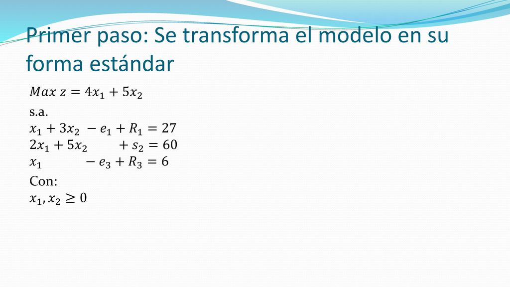 Ejemplo Resolver el siguiente modelo 𝑀𝑎𝑥 𝑧= 4𝑥 1 +5 𝑥 2 s.a.