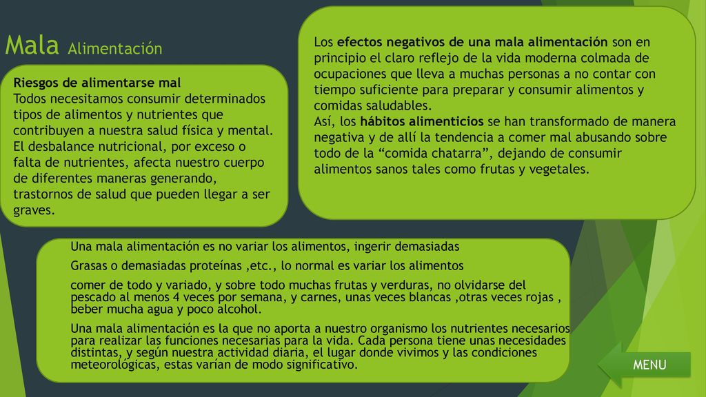 Los efectos negativos de una mala alimentación son en principio el claro reflejo de la vida moderna colmada de ocupaciones que lleva a muchas personas a no contar con tiempo suficiente para preparar y consumir alimentos y comidas saludables.