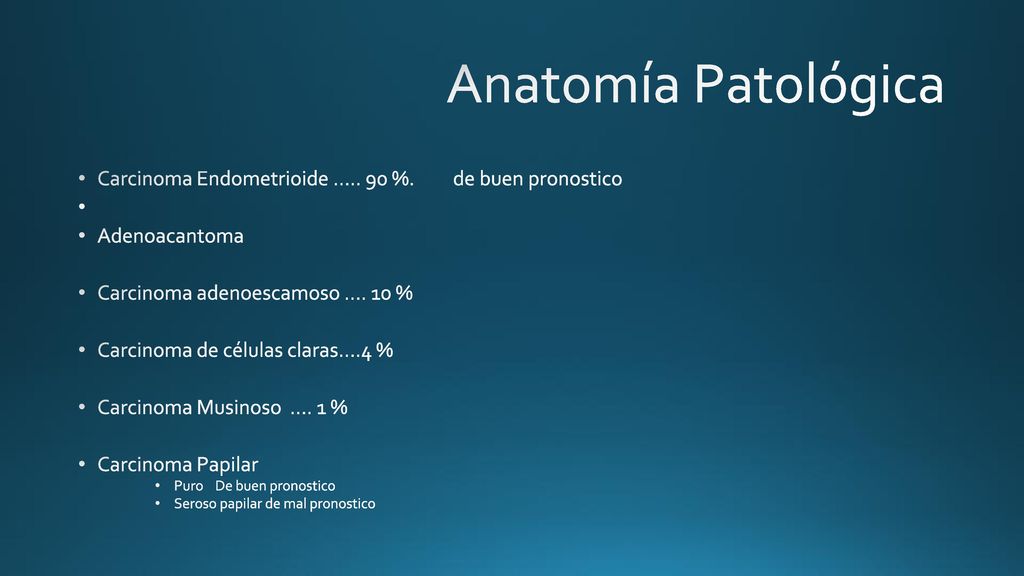 Anatomía Patológica Carcinoma Endometrioide ….. 90 %. de buen pronostico. Adenoacantoma. Carcinoma adenoescamoso …. 10 %