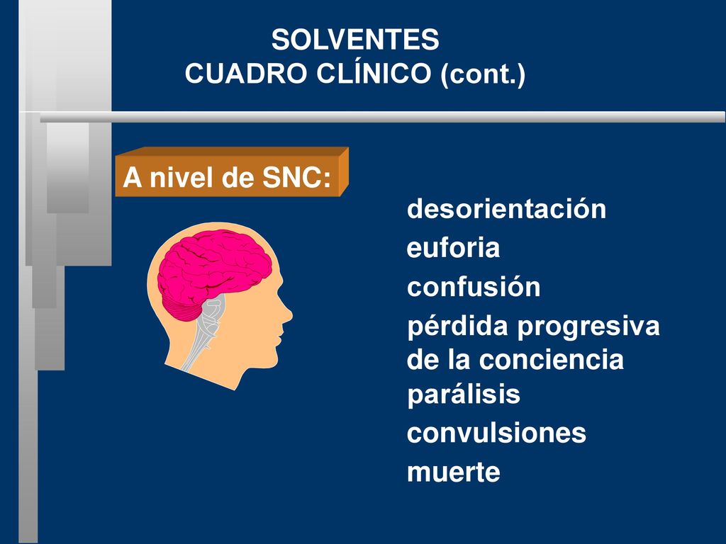 SOLVENTES CUADRO CLÍNICO (cont.) A nivel de SNC: desorientación. euforia. confusión. pérdida progresiva.