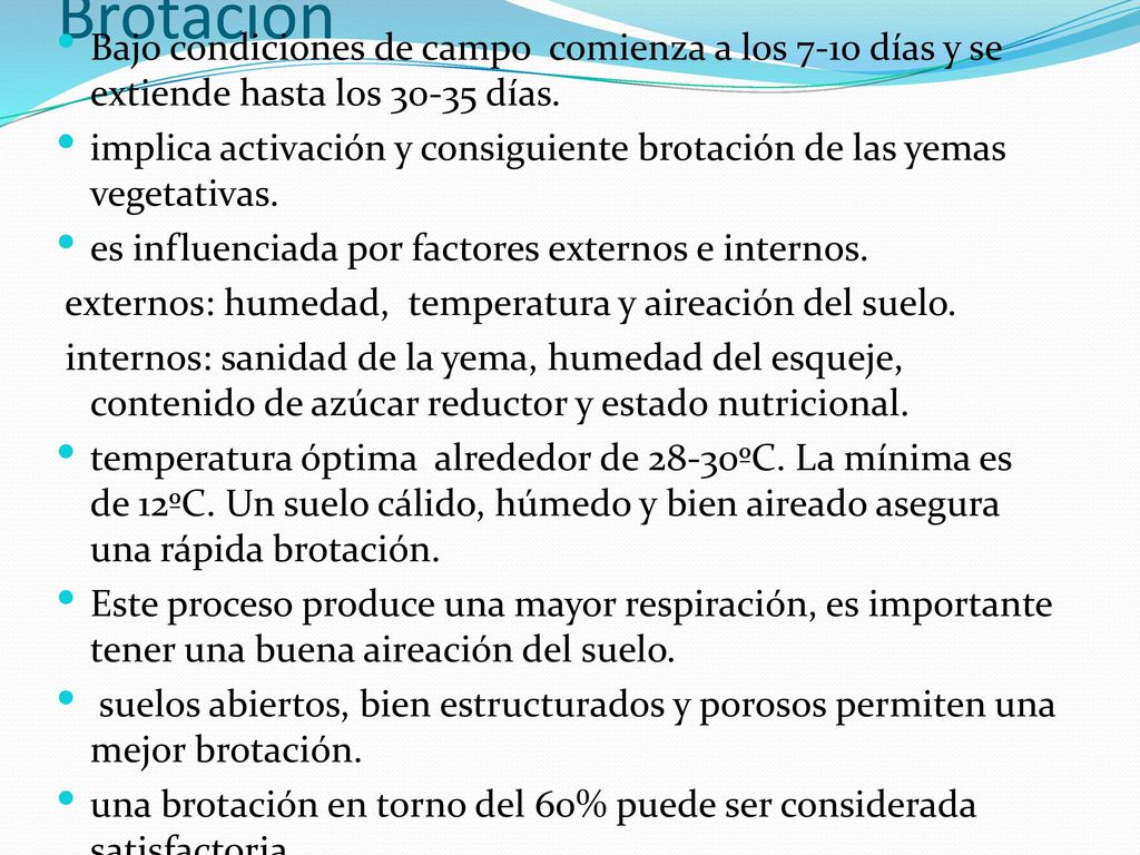 Brotación Bajo condiciones de campo comienza a los 7-10 días y se extiende hasta los días.