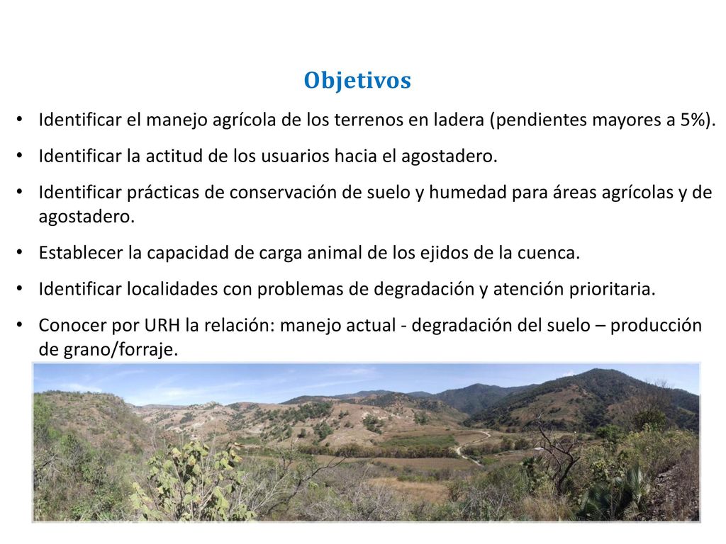 Objetivos Identificar el manejo agrícola de los terrenos en ladera (pendientes mayores a 5%).