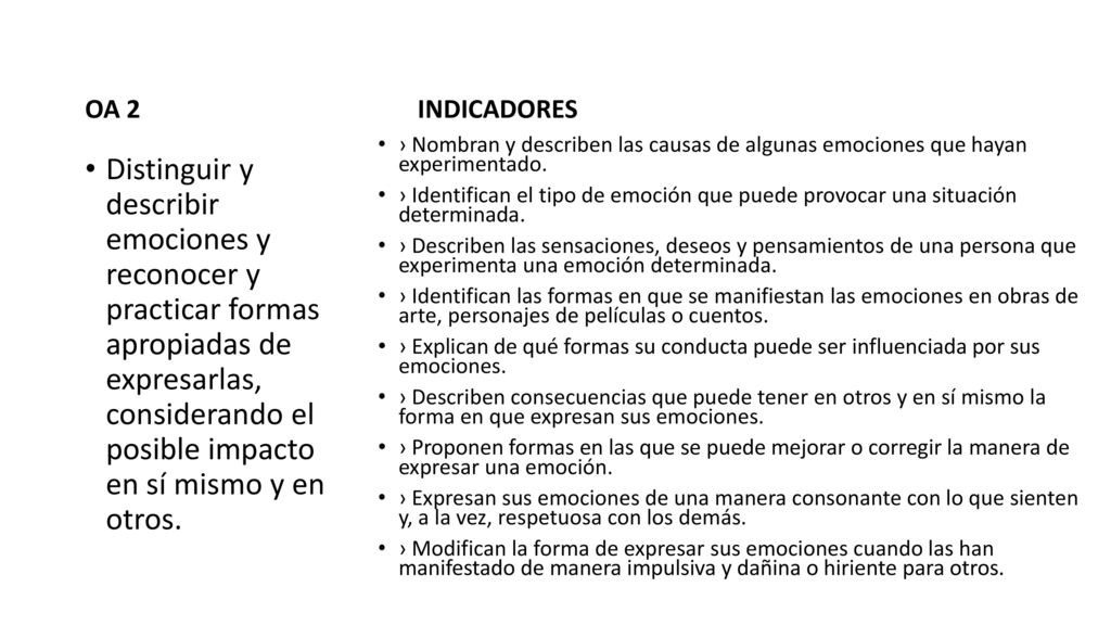OA 2 INDICADORES. › Nombran y describen las causas de algunas emociones que hayan experimentado.