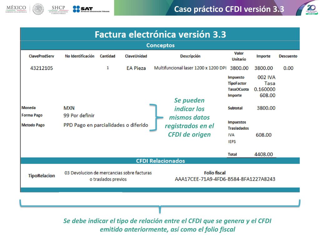 Se pueden indicar los mismos datos registrados en el CFDI de origen