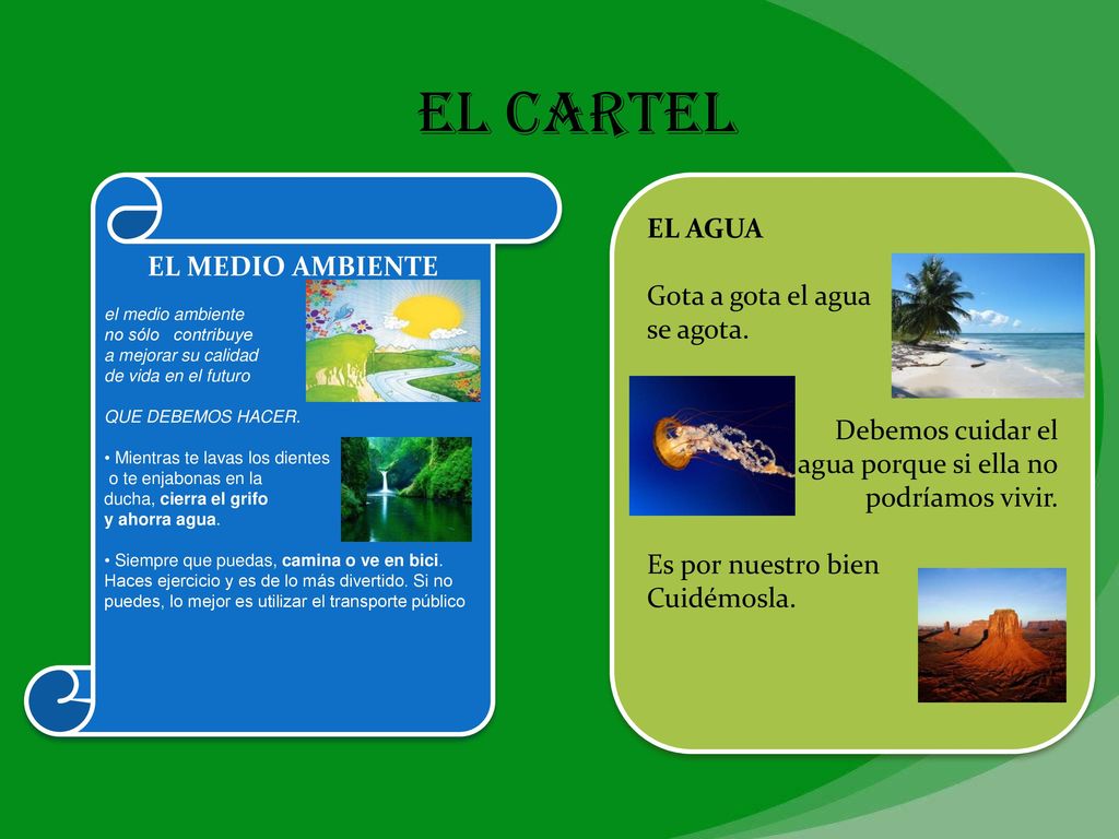 El cartel EL AGUA EL MEDIO AMBIENTE Gota a gota el agua se agota.