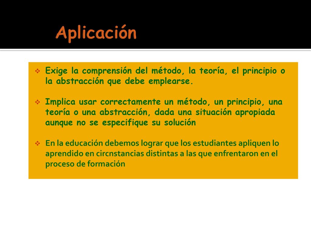 Aplicación Exige la comprensión del método, la teoría, el principio o la abstracción que debe emplearse.