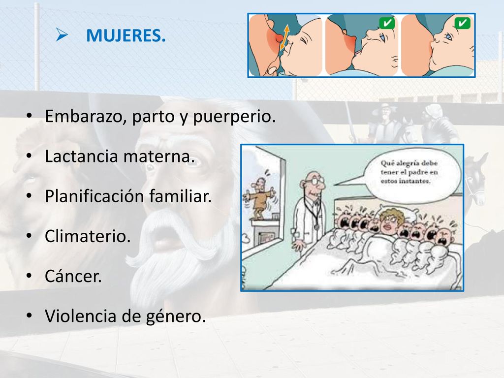 MUJERES. Embarazo, parto y puerperio. Lactancia materna. Planificación familiar. Climaterio. Cáncer.