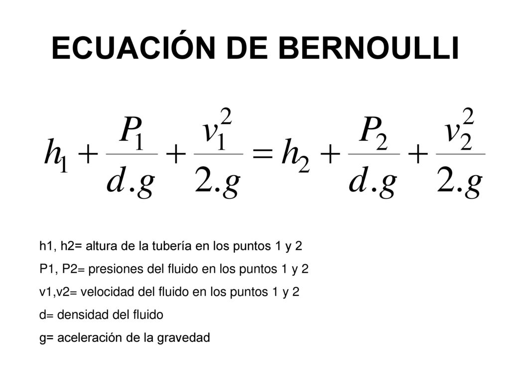 ECUACIÓN DE BERNOULLI h1, h2= altura de la tubería en los puntos 1 y 2