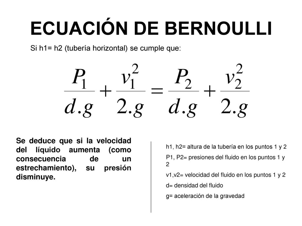 ECUACIÓN DE BERNOULLI Si h1= h2 (tubería horizontal) se cumple que: