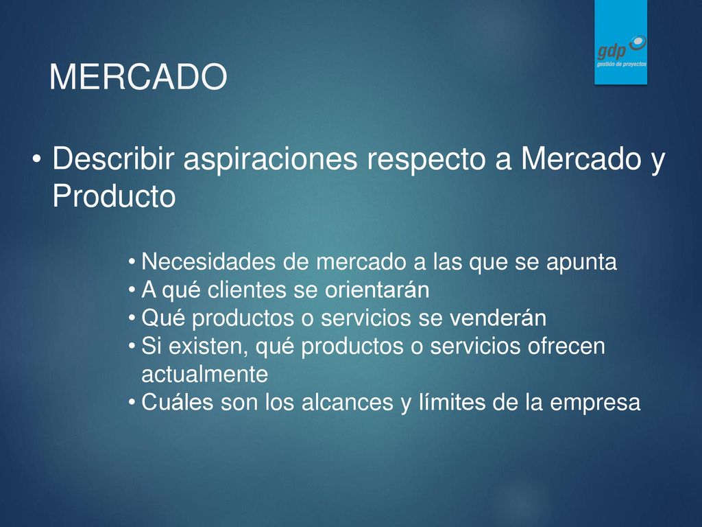 MERCADO Describir aspiraciones respecto a Mercado y Producto