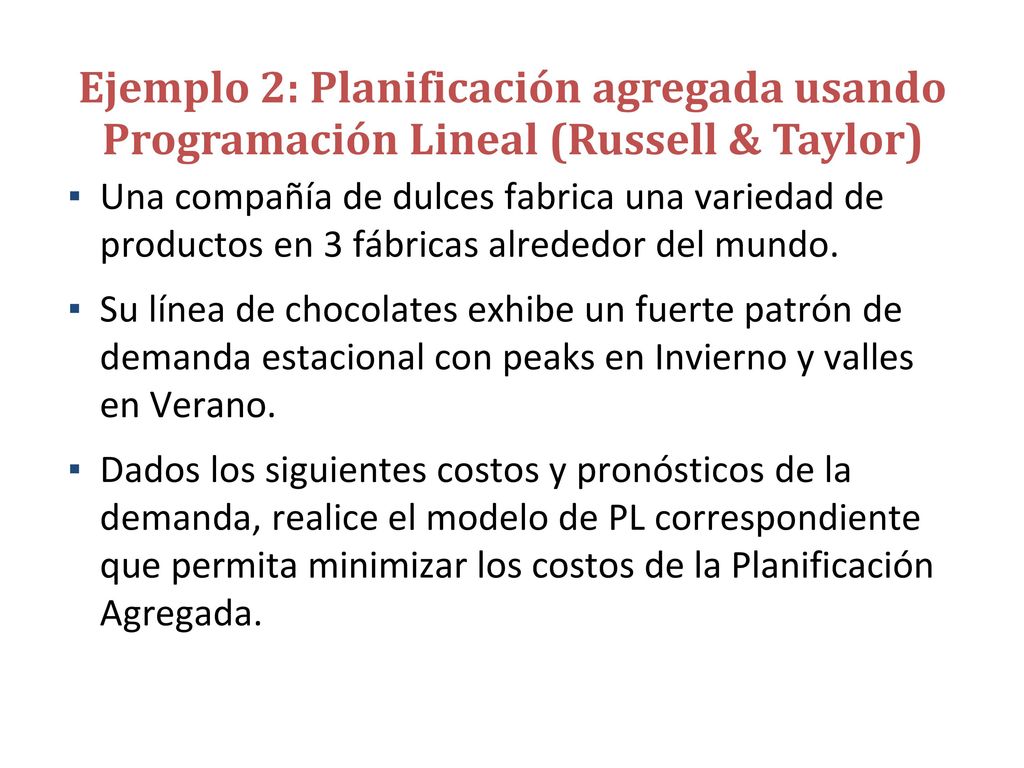 Ejemplo 2: Planificación agregada usando Programación Lineal (Russell & Taylor)