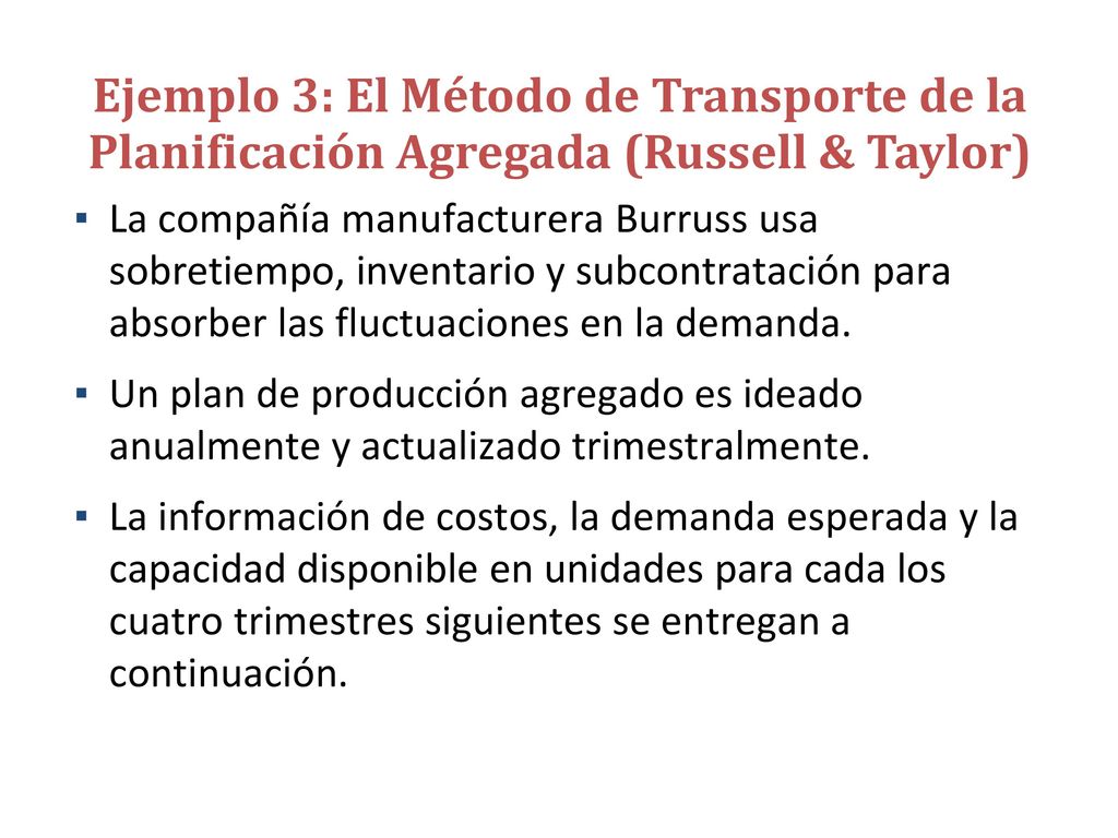 Ejemplo 3: El Método de Transporte de la Planificación Agregada (Russell & Taylor)