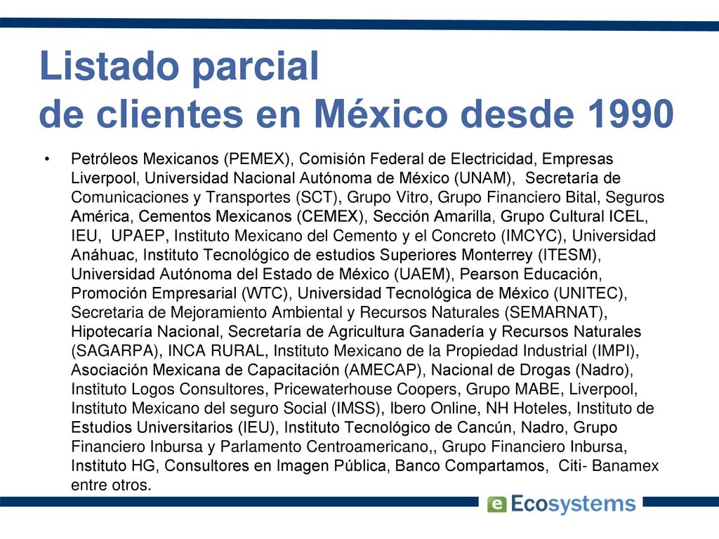 Listado parcial de clientes en México desde 1990