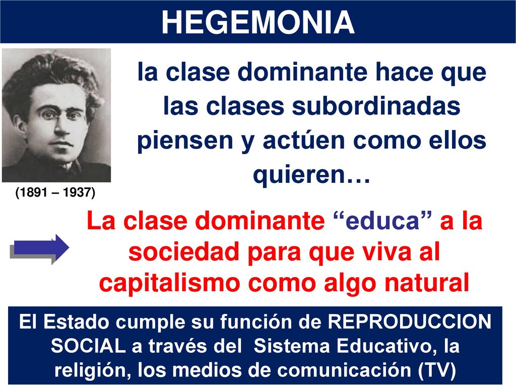 HEGEMONIA la clase dominante hace que las clases subordinadas piensen y actúen como ellos quieren…
