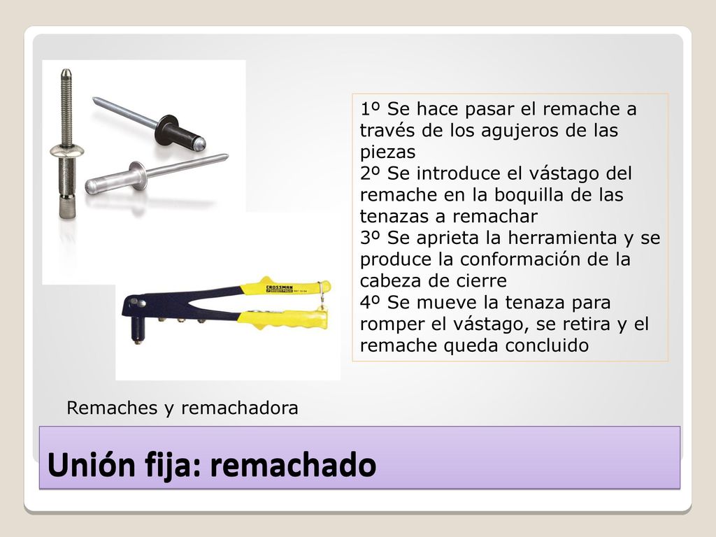 1º Se hace pasar el remache a través de los agujeros de las piezas