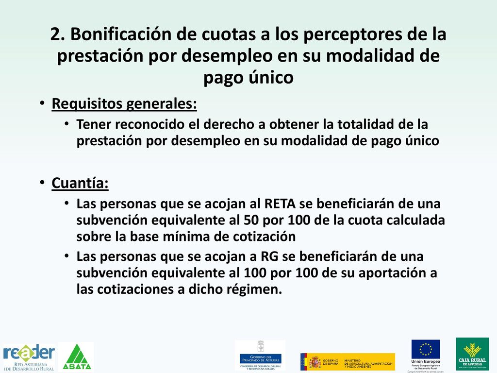 2. Bonificación de cuotas a los perceptores de la prestación por desempleo en su modalidad de pago único