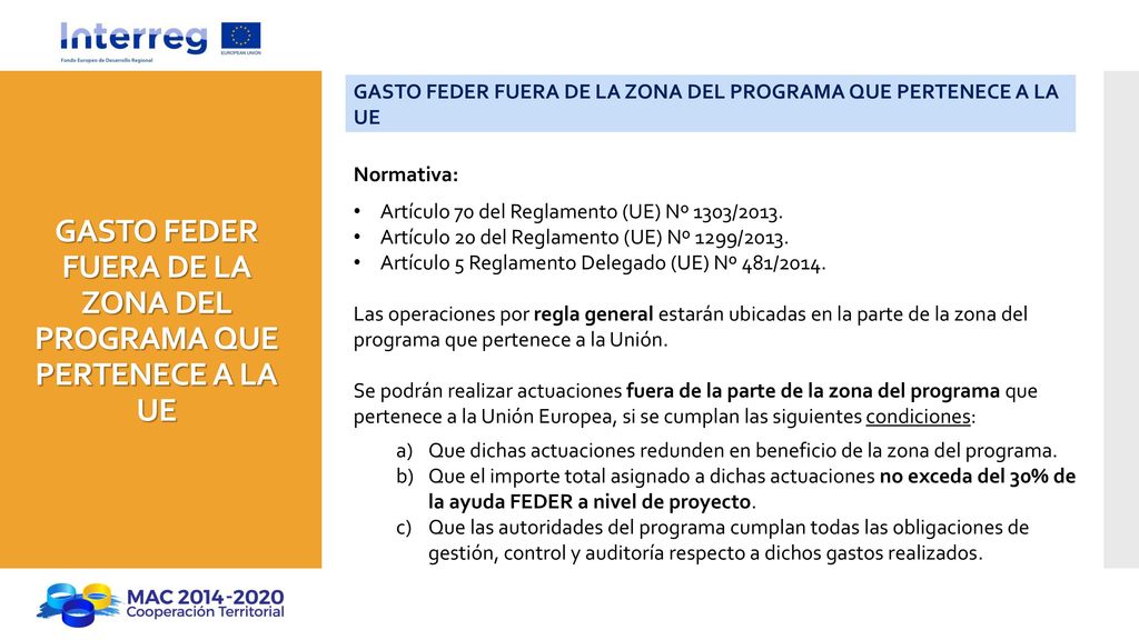 GASTO FEDER FUERA DE LA ZONA DEL PROGRAMA QUE PERTENECE A LA UE