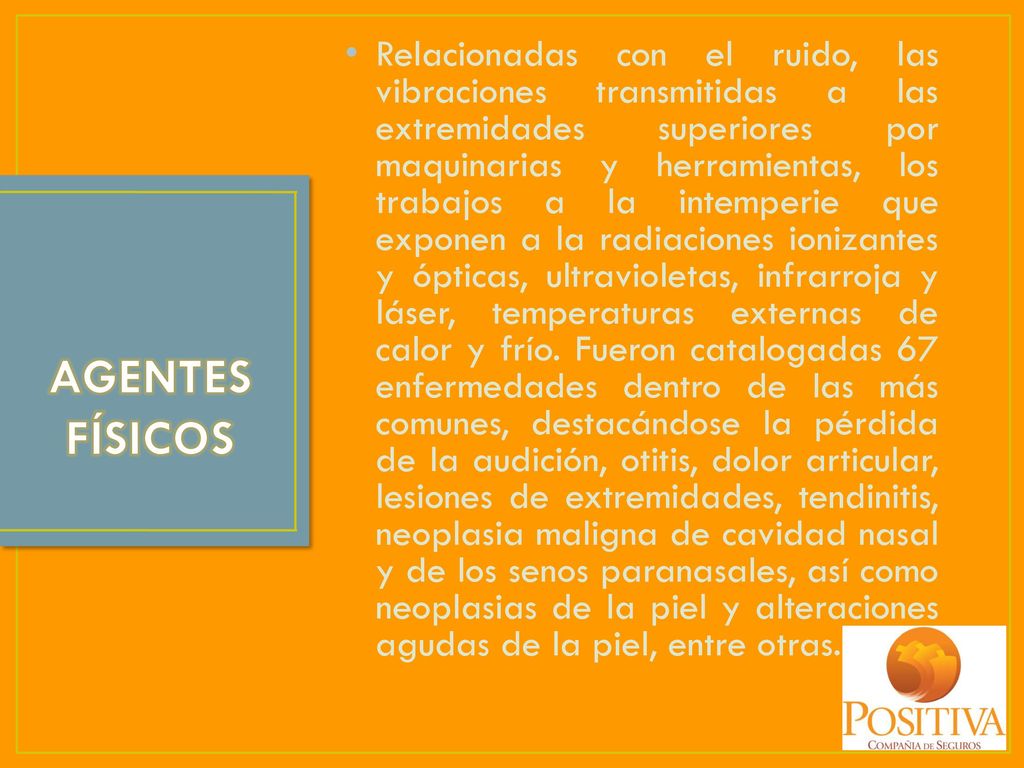 Relacionadas con el ruido, las vibraciones transmitidas a las extremidades superiores por maquinarias y herramientas, los trabajos a la intemperie que exponen a la radiaciones ionizantes y ópticas, ultravioletas, infrarroja y láser, temperaturas externas de calor y frío. Fueron catalogadas 67 enfermedades dentro de las más comunes, destacándose la pérdida de la audición, otitis, dolor articular, lesiones de extremidades, tendinitis, neoplasia maligna de cavidad nasal y de los senos paranasales, así como neoplasias de la piel y alteraciones agudas de la piel, entre otras.