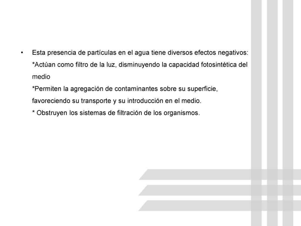 Esta presencia de partículas en el agua tiene diversos efectos negativos: *Actúan como filtro de la luz, disminuyendo la capacidad fotosintética del medio *Permiten la agregación de contaminantes sobre su superficie, favoreciendo su transporte y su introducción en el medio.