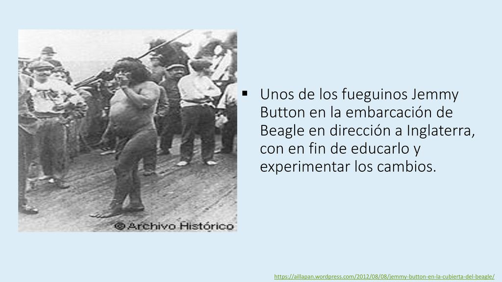 Unos de los fueguinos Jemmy Button en la embarcación de Beagle en dirección a Inglaterra, con en fin de educarlo y experimentar los cambios.