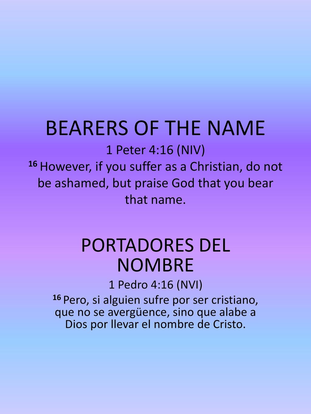 BEARERS OF THE NAME 1 Peter 4:16 (NIV) 16 However, if you suffer as a Christian, do not be ashamed, but praise God that you bear that name.