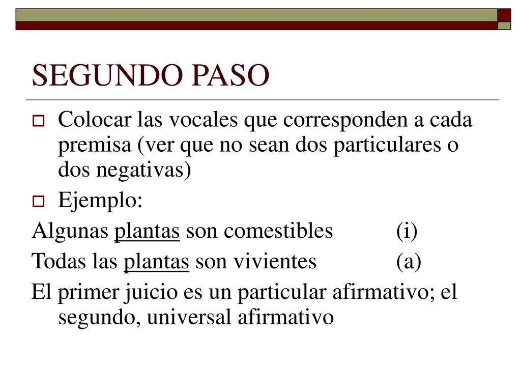 SEGUNDO PASO Colocar las vocales que corresponden a cada premisa (ver que no sean dos particulares o dos negativas)