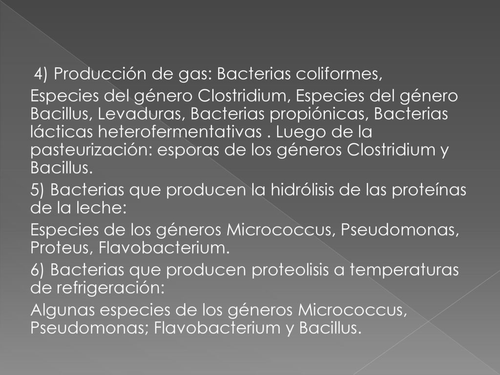 4) Producción de gas: Bacterias coliformes, Especies del género Clostridium, Especies del género Bacillus, Levaduras, Bacterias propiónicas, Bacterias lácticas heterofermentativas .