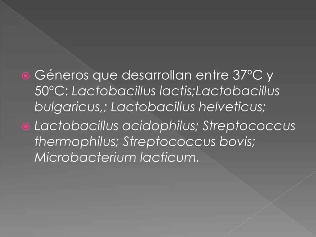 Géneros que desarrollan entre 37ºC y 50ºC: Lactobacillus lactis;Lactobacillus bulgaricus,; Lactobacillus helveticus;