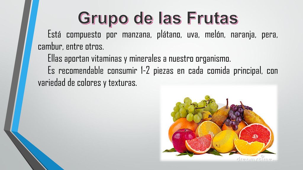 Grupo de las Frutas Está compuesto por manzana, plátano, uva, melón, naranja, pera, cambur, entre otros.
