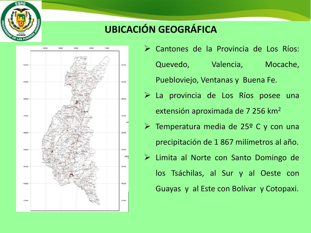 UBICACIÓN GEOGRÁFICA Cantones de la Provincia de Los Ríos: Quevedo, Valencia, Mocache, Puebloviejo, Ventanas y Buena Fe.