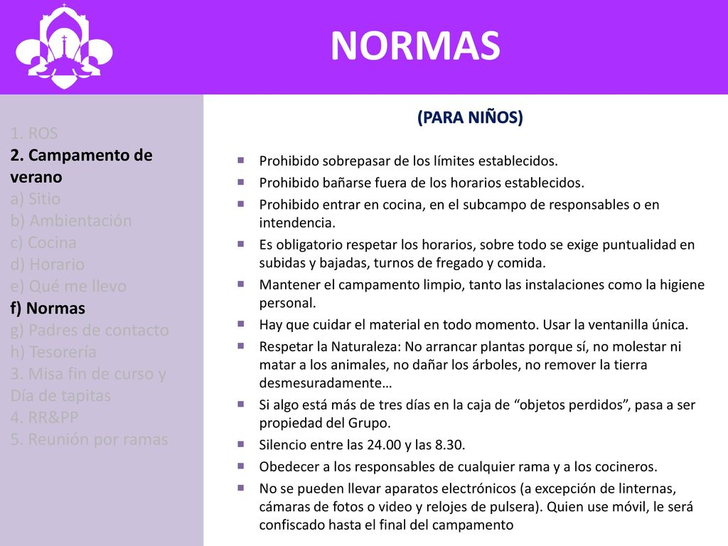 NORMAS SITIO (para niños) 1. ROS 2. Campamento de verano a) Sitio