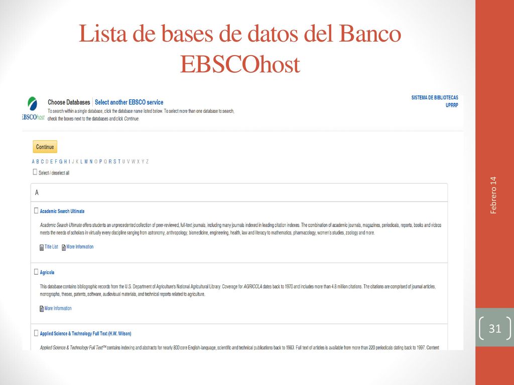 Lista de bases de datos del Banco EBSCOhost