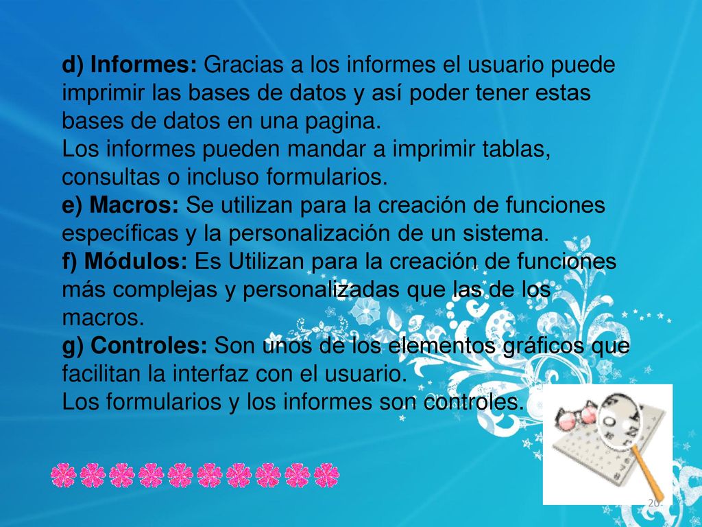 d) Informes: Gracias a los informes el usuario puede imprimir las bases de datos y así poder tener estas bases de datos en una pagina.
