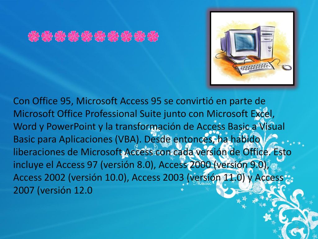 Con Office 95, Microsoft Access 95 se convirtió en parte de Microsoft Office Professional Suite junto con Microsoft Excel, Word y PowerPoint y la transformación de Access Basic a Visual Basic para Aplicaciones (VBA).