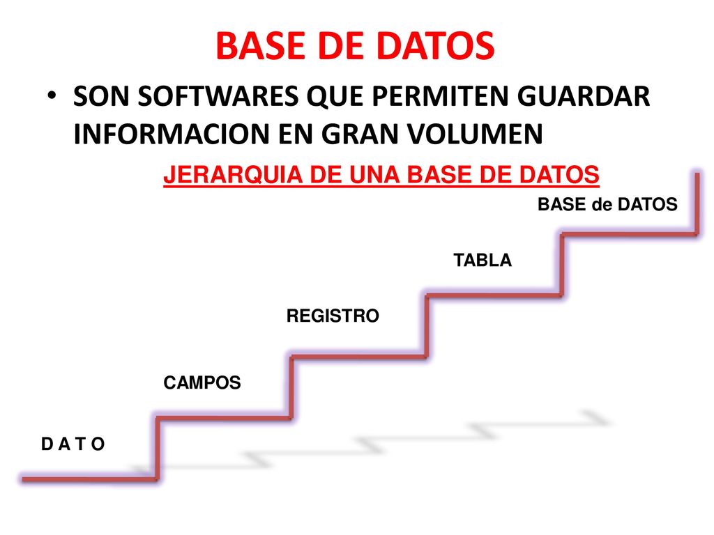 BASE DE DATOS SON SOFTWARES QUE PERMITEN GUARDAR INFORMACION EN GRAN VOLUMEN. JERARQUIA DE UNA BASE DE DATOS.