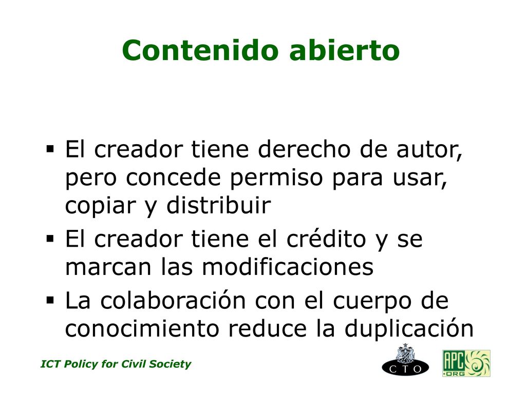Contenido abierto El creador tiene derecho de autor, pero concede permiso para usar, copiar y distribuir.