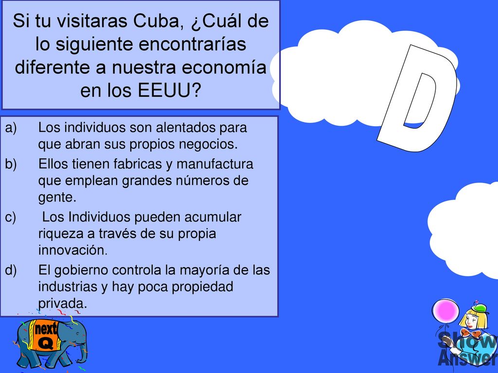 Si tu visitaras Cuba, ¿Cuál de lo siguiente encontrarías diferente a nuestra economía en los EEUU
