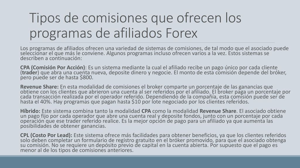 Tipos de comisiones que ofrecen los programas de afiliados Forex