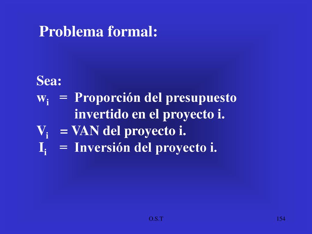 Problema formal: Sea: wi = Proporción del presupuesto invertido en el proyecto i. Vi = VAN del proyecto i.