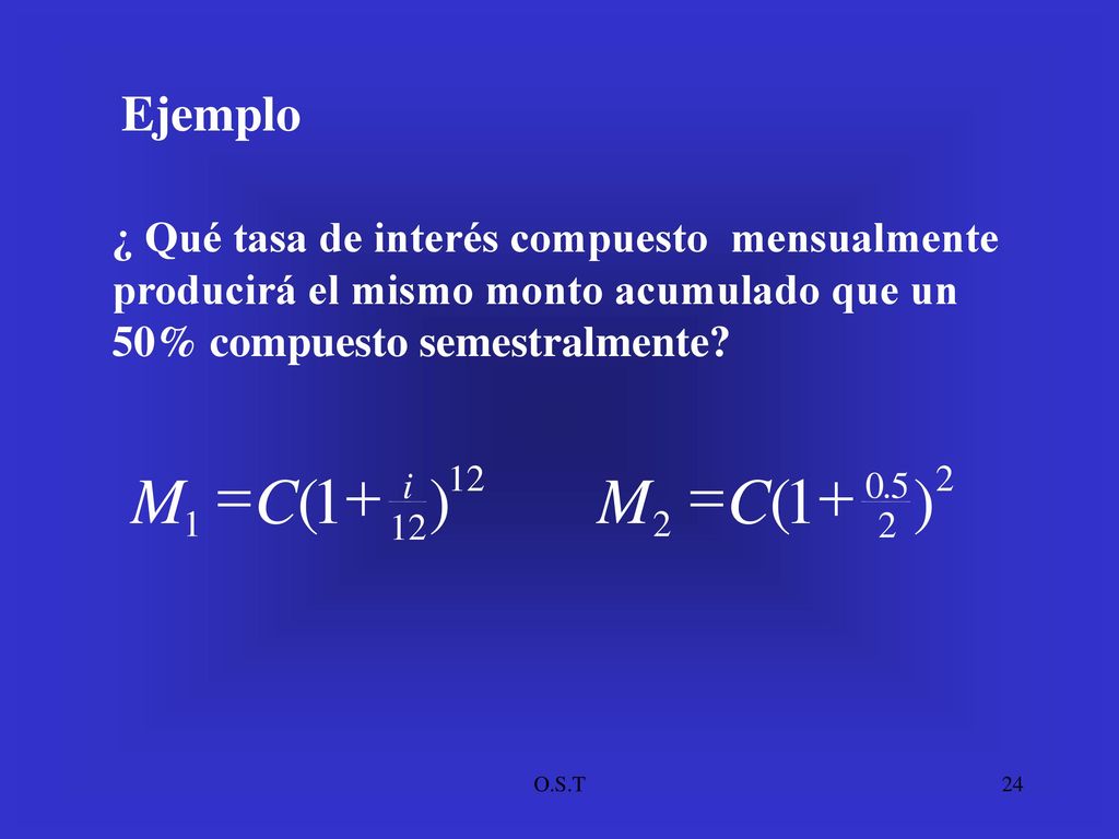 Ejemplo ¿ Qué tasa de interés compuesto mensualmente producirá el mismo monto acumulado que un 50% compuesto semestralmente