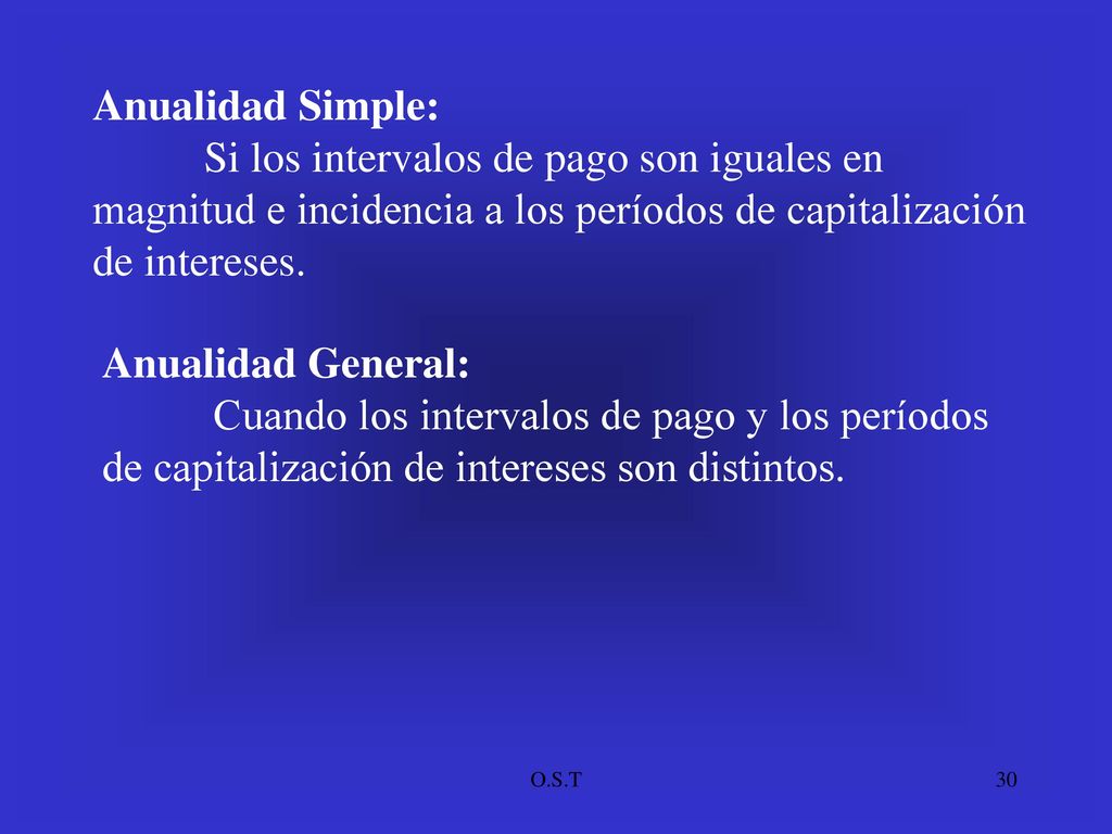 Anualidad Simple: Si los intervalos de pago son iguales en magnitud e incidencia a los períodos de capitalización de intereses.