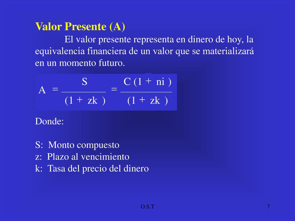 Valor Presente (A) ) zk 1 ( ni C S A + =
