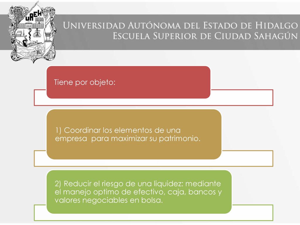 Tiene por objeto: 1) Coordinar los elementos de una empresa para maximizar su patrimonio.