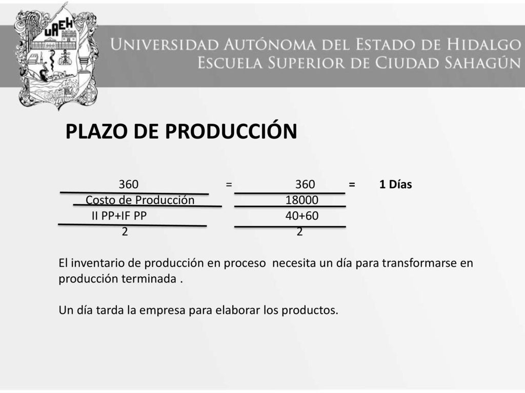 PLAZO DE PRODUCCIÓN 360 = 360 = 1 Días Costo de Producción 18000