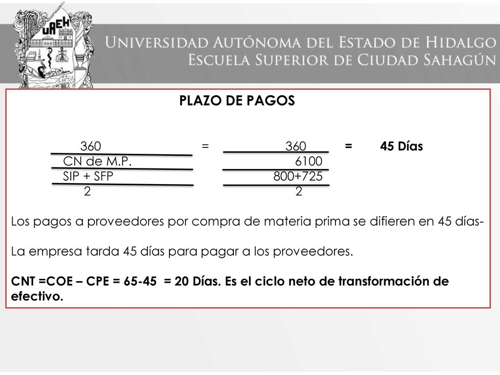 PLAZO DE PAGOS 360 = 360 = 45 Días CN de M.P SIP + SFP