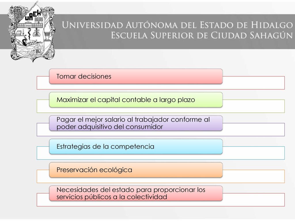 Tomar decisiones Maximizar el capital contable a largo plazo. Pagar el mejor salario al trabajador conforme al poder adquisitivo del consumidor.