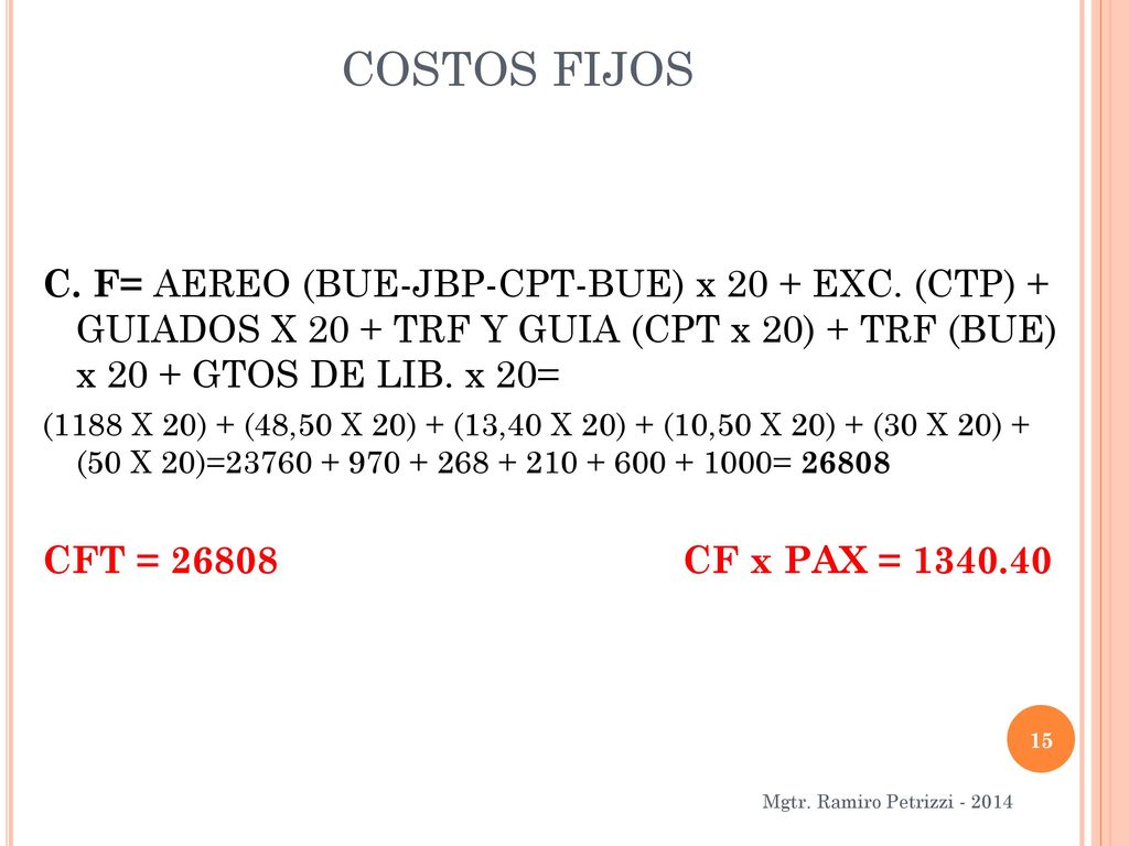 COSTOS FIJOS C. F= AEREO (BUE-JBP-CPT-BUE) x 20 + EXC. (CTP) + GUIADOS X 20 + TRF Y GUIA (CPT x 20) + TRF (BUE) x 20 + GTOS DE LIB. x 20=